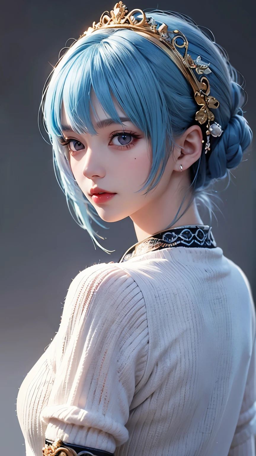 Masterpiece, Best Quality, 8K, Detailed Skin Texture, Detailed Cloth Texture, Beautiful Detail Face, Intricate Detail, Ultra Detailed, Portrait of Rei Ayanami, Blue Hair, Red Eyes, Looking Back, No Background