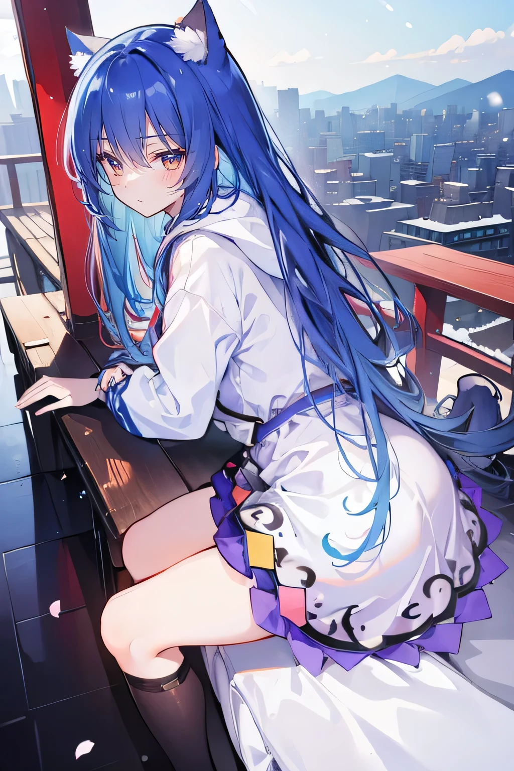 (masterpiece:1.2),Super detailed,lifelike,Expressive eyes,fair skin,perfect face shape,1 girl,
Japanese comics,Gorgeous blue hair,flowing blue hair,flowing clothes,Cat ears,Petals fall,beautiful lola,Baby Angel,
Cross your legs,Gentle and peaceful background,The pavilion is cool and comfortable,smile, wearing hoodie, background of tokyo,back views,snowing, winter.