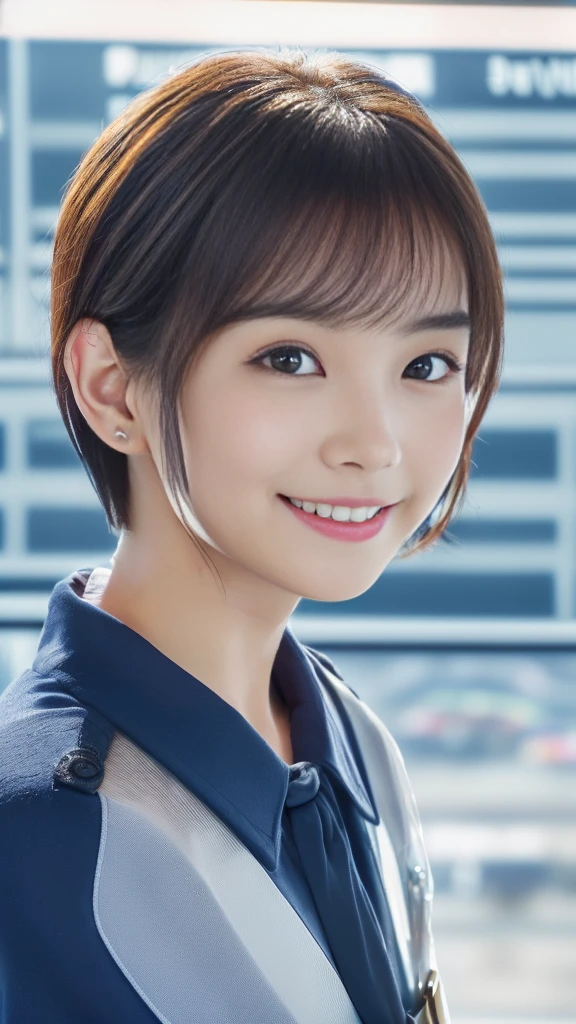 (anime,portrait,highly-detailed,photorealistic:1.2,best quality,4k,8k,highres,masterpiece:1.2), (ultra-detailed, realistic, photorealistic:1.37), (portrait of a young smiling Japanese girl with an innocent and super ultra cute expression, photorealistic style:1.2), (Close-up of her face:2.0).(Her eyes are perfect, clear and beautiful details:2.0), (her eyes are extremely enchanting:1.5), (her -like face is exquisitely detailed, showing every fine feature:1.5), (She has a short hair:1.5), (neatly-styled hair enhances her charm:1.0), (She is a cabin attendant:2.0),(She is wearing a navy blue uniform:1.5), (looking both professional and captivating:1.5), (her radiant smile exudes joy and warmth:1.0), (the sunlight gently illuminates her pretty face, casting a gentle and warm lighting:1.25), the colors are vibrant, enhancing the overall vibrancy of the portrait:1.0.(She is at the airport:2.0).(Concrete building as background:1.5)