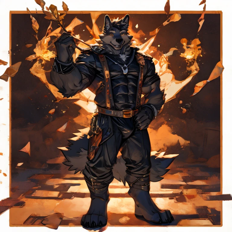Gray wolf with naked upper body,The lower body is dressed in black,Crotch bulge