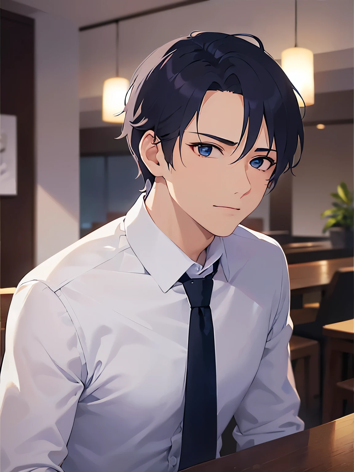 upper body、shiny skin, masterpiece、highest quality、(25-year-old male:1.5) and (Black short hair) and (blue eyes),  (Wearing a suit:1.5) and (White collared shirt) and (Blue tie)、Sitting、Confused expression、The background is a restaurant at night、(Alone:1.5)