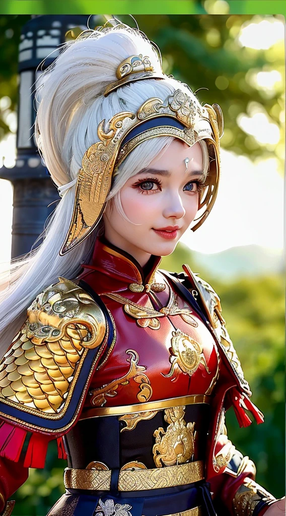 ((middle b symmetry, Professional close-up of high-detail original film, [ : (High detail face: 1.2) : 0.1] , (PureErosFace v 1:0.8) , ((body image)), Pores, Genuine Leather,  Headband, Flying hair, (White hair 0.4) , Headdress, hairpin, Smile, Affectionate gaze, Bright Eyes, Beautiful scenery, shadow, Backlight, Natural light, blackout lens, hard focus, Film particles, Taking Pictures, Portrait Photos,zskuijia,Chinese armor,sword, Chinese Architecture,Circle, totem, Mythical Animals,Breastplate
