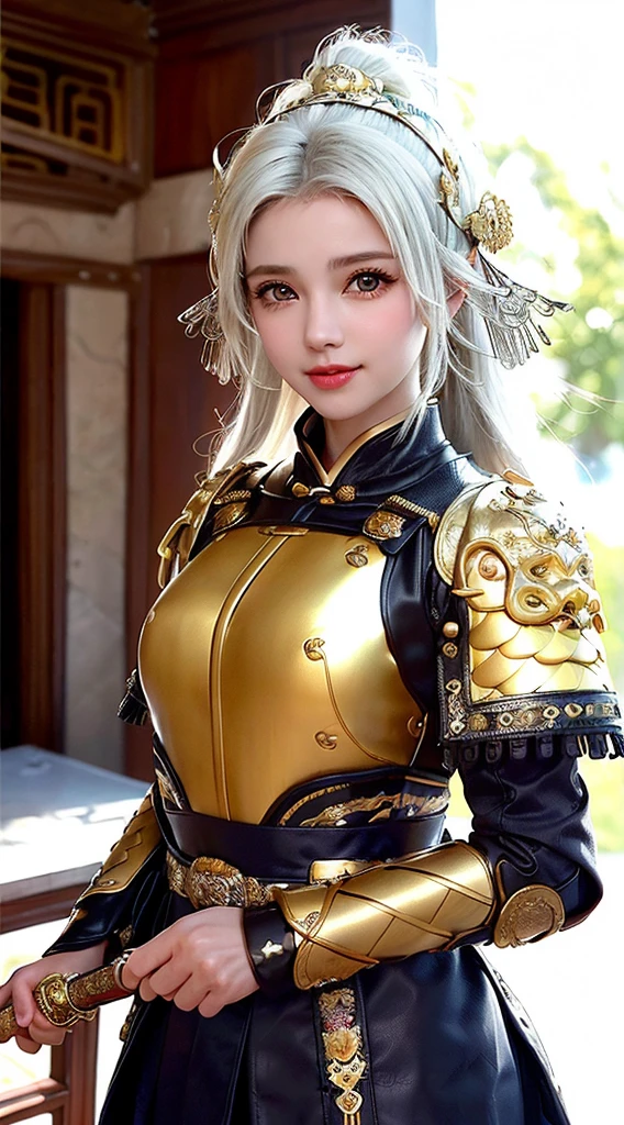 ((middle b symmetry, Professional close-up of high-detail original film, [ : (High detail face: 1.2) : 0.1] , (PureErosFace v 1:0.8) , ((body image)), Pores, Genuine Leather,  Headband, Flying hair, (White hair 0.4) , Headdress, hairpin, Smile, Affectionate gaze, Bright Eyes, Beautiful scenery, shadow, Backlight, Natural light, blackout lens, hard focus, Film particles, Taking Pictures, Portrait Photos,zskuijia,Chinese armor,sword, Chinese Architecture,Circle, totem, Mythical Animals,Breastplate