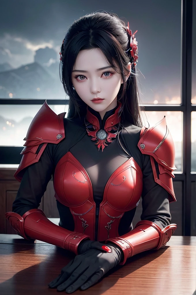 1 Japanese girl, War Armor, complex patterns, Heavy Metals, energy line, The Faceless, Glowing eyes, elegant, powerful, Blood red and black, Solitary, Modern, City, A City scape, dark clouds, thunderstorm, Heavy rain,, Dramatic Lighting,, (On the table:1.2), best quality, high resolution,   Beautiful and detailed, Very detailed, Perfect lighting,