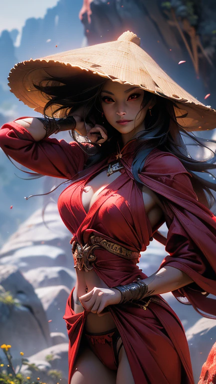 (La best quality,high resolution,Ultra Detailed,Practical),Ariana Grande, Chinese vampire wearing a bamboo hat, Folding blood, Blood Power, Golden Eyes, best quality, 超high resolution, (realism: 1.4), Depth of Field, More detailed 8K.Unreal Engine:1.4,HD,La best quality:1.4, Realistic:1.4, Texture:1.4, masterpiece:1.8,masterpiece, best quality,Object Object], (Detailed facial features:1.3),(Correct proportions),(Beautiful red eyes :1.4 ),  (Cowboy pose), (Perfect anatomical structure:1.4 ), (Hand Details:1.4 ), (Cave background big rocks :1.4), (Showing magma red underwear), (Showing underwear :1.4) 