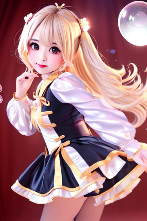 (Smile:1.４）,(Looking at the audience:1.4)、Red Gothic Lolita、cap、,(Face focus),rest,、Beautiful woman、Tragic、beautiful eyes、Black eyes、Industrial Landscape、Blonde、twin-tail hair、Dark black eyeshadow、Good skin luster、particle、Rose petal、(((fine))) Hollow tights, High quality details, flowing, Dynamic, (1 female), Bright Eyes, Flushed, Beautiful front and back, Silk texture, High quality textures, huge bubbles, Soft Light,Taiwanese girl 18 years old beautiful appearance，Cute little monster