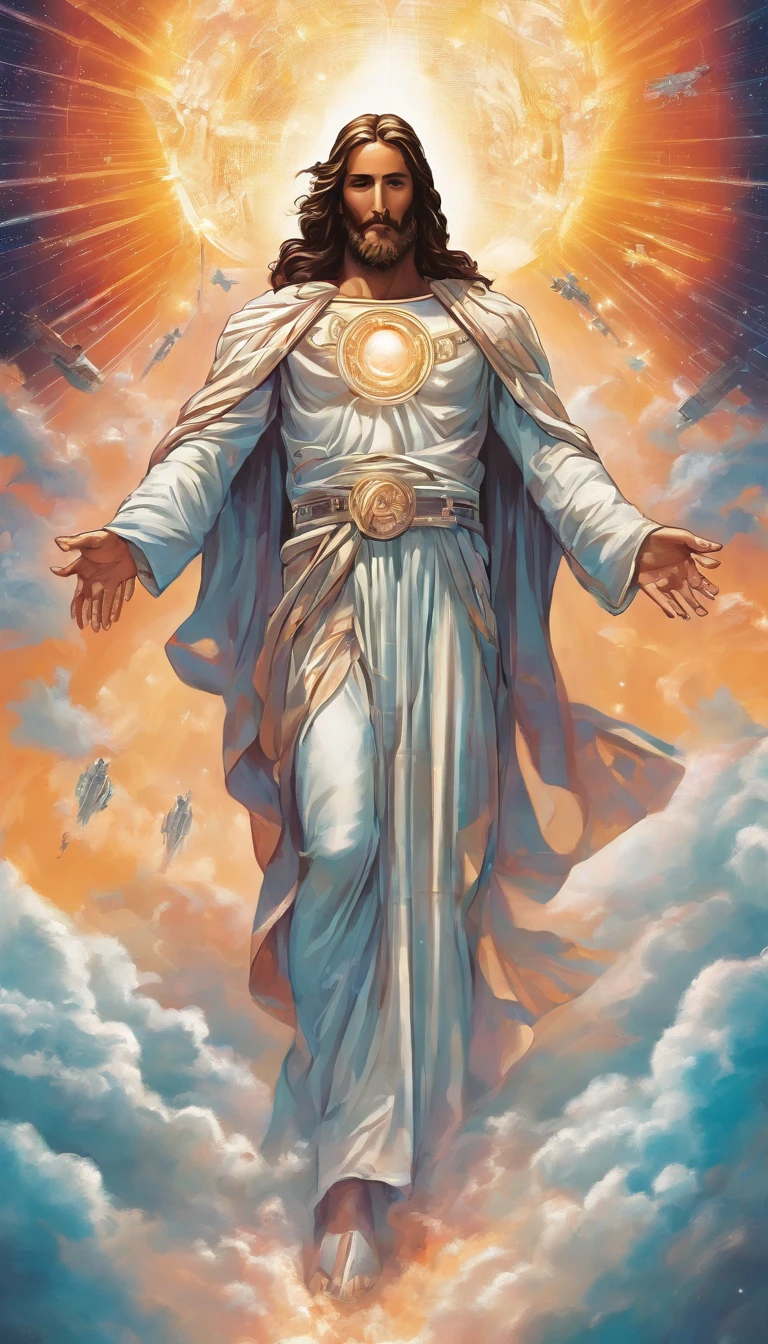 Jesus Cristo voando sobre as nuvens passando por Deus e seus anjos com armaduras Angelicais