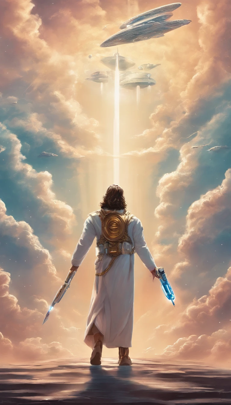 Jesus Cristo voando sobre as nuvens passando por Deus e seus anjos com armaduras Angelicais