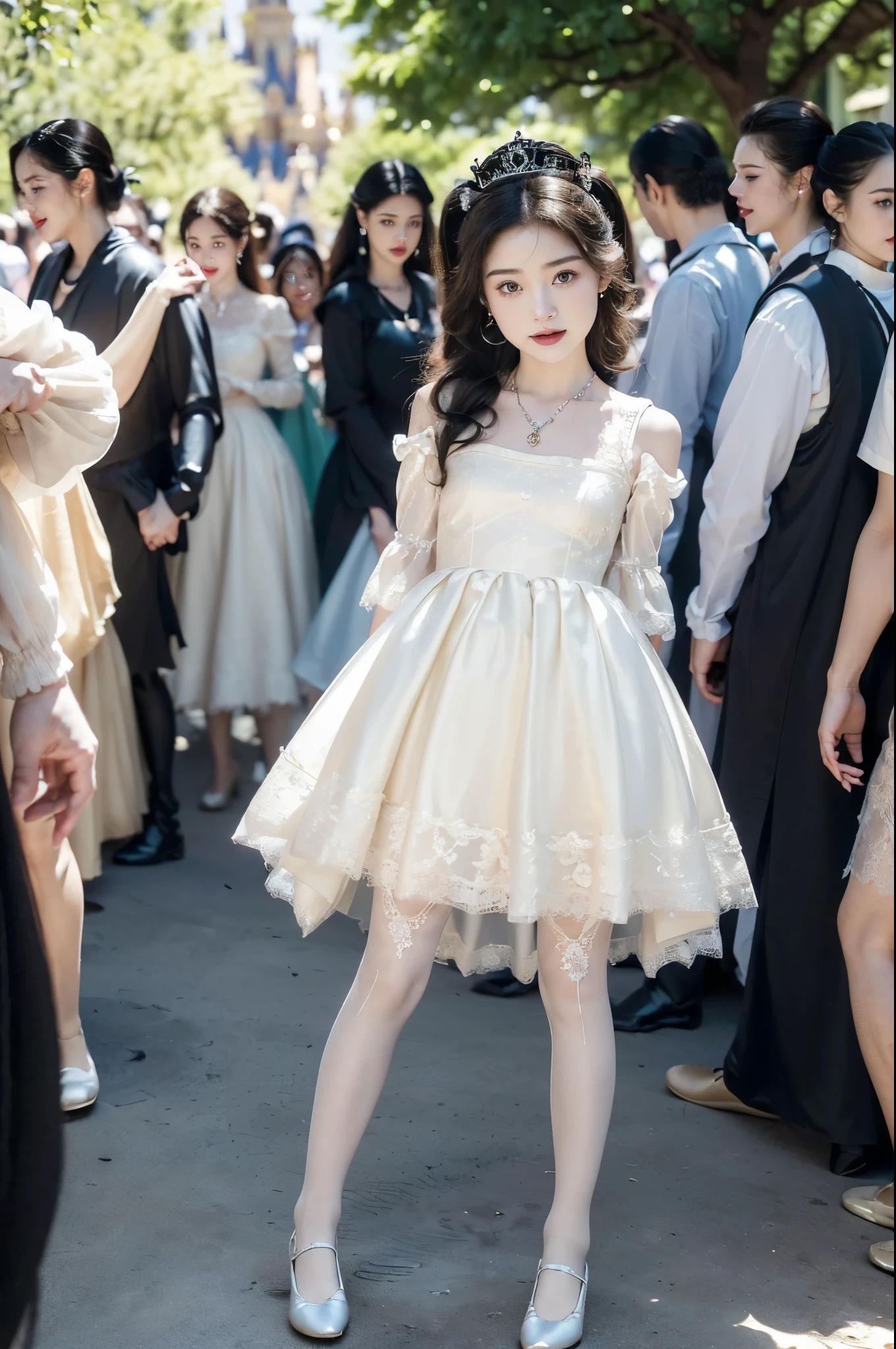 ((((8k))),((Extremely meticulous CG)) ,(wallpaper),16k,((Extremely refined and beautiful)),(((Masterpiece))),(((best qualtiy))),(((Ultra High Resolution))),beautiful light up,realistic shaded,(Smooth and flawless fair skin:1.5),(pale skin:1.3),(Extremely exquisite facial details:1.2),(perfect body:1.2),(ultra-detailed:1.5),((A beautiful little girl,solo)),(little child:1.5),(small head:1.2),(princess crown:1.3),(short ponytail:1.3),(slender baby face:1.3),(Exquisite makeup:1.2),(earings:1.2),(crystal necklace:1.2),((slim,thin)),(laughing:1.2),(gorgeous Gothic Princess fluffy dress:1.5),(small breasts:1.2),(flat chests:1.2),(sleeves:1.2),(slender legs:1.2),(lace pantyhose:1.5),(loafers:1.2),(day scene:1.5),(bright sunshine:1.3),(outdoor:1.3),(At Disneyland:1.5),(castle:1.5),(early summer:1.3),(joyful children's festival atmosphere),(detailed background:1.5),(standing:1.3),(arms behind back:1.3),(full body:1.3),(from front:1.3),(surrounded by crowded crowds:1.5)