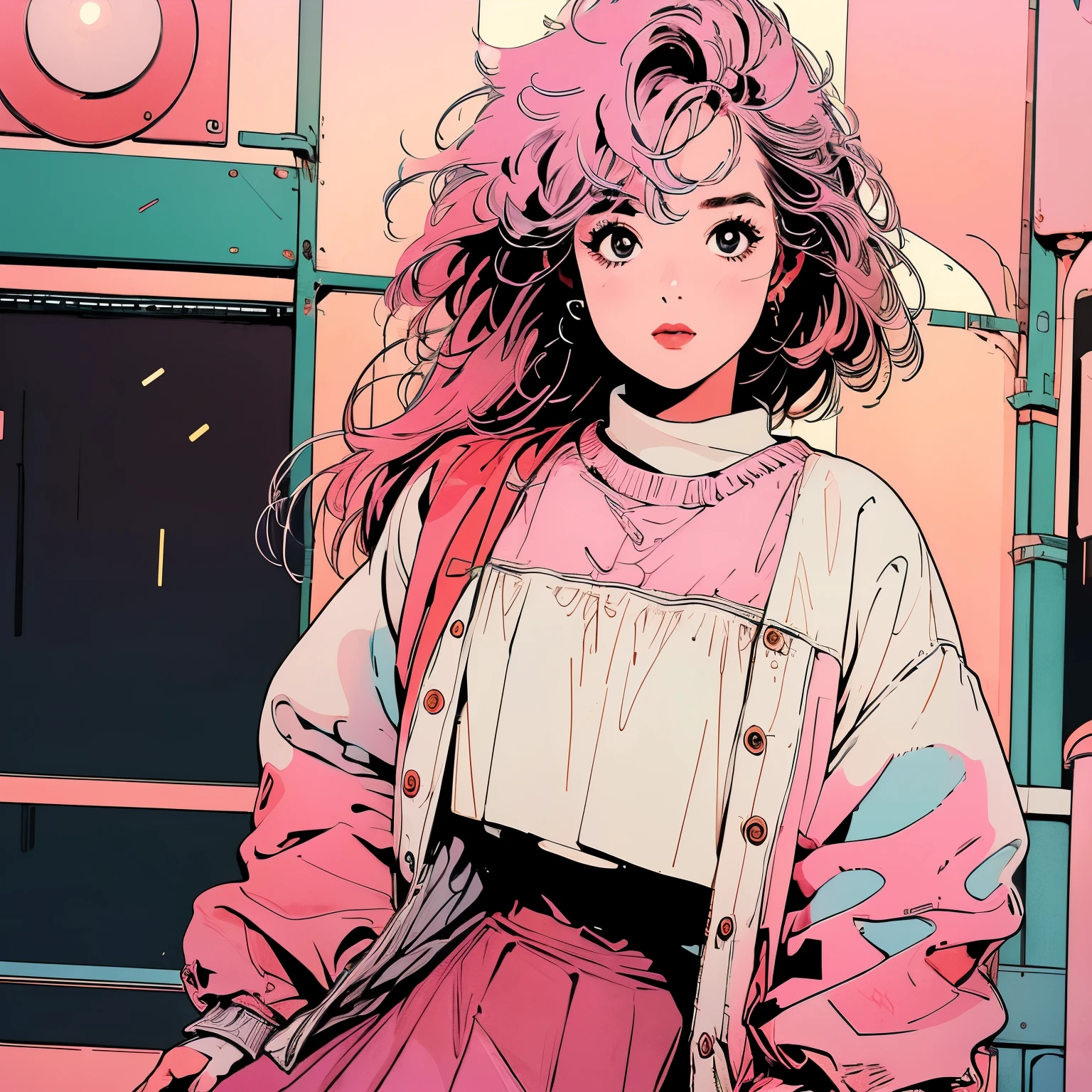 whole body, Upper Body、One beautiful woman, 4k, Warm colors , White blouse、skirt, pedestrian crossing、Signal, 、intersection、Complex background、Pink Hair