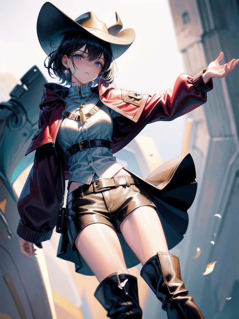 cool cowgirl, fantasy adventurer, cowboy hat, decorated hooded armor jacket, cross belt, Brown leather pants, Red leather long boots, absurdres, RAW photo, extremely delicate and beautiful, masterpiece, Best Quality, ultra high resolution, 32k, hyperrealistic, ultra-detailed, detailed description, pale skin, 20 years old, tearful mole, earring, short medium hair, wavy hair, whole body shot,