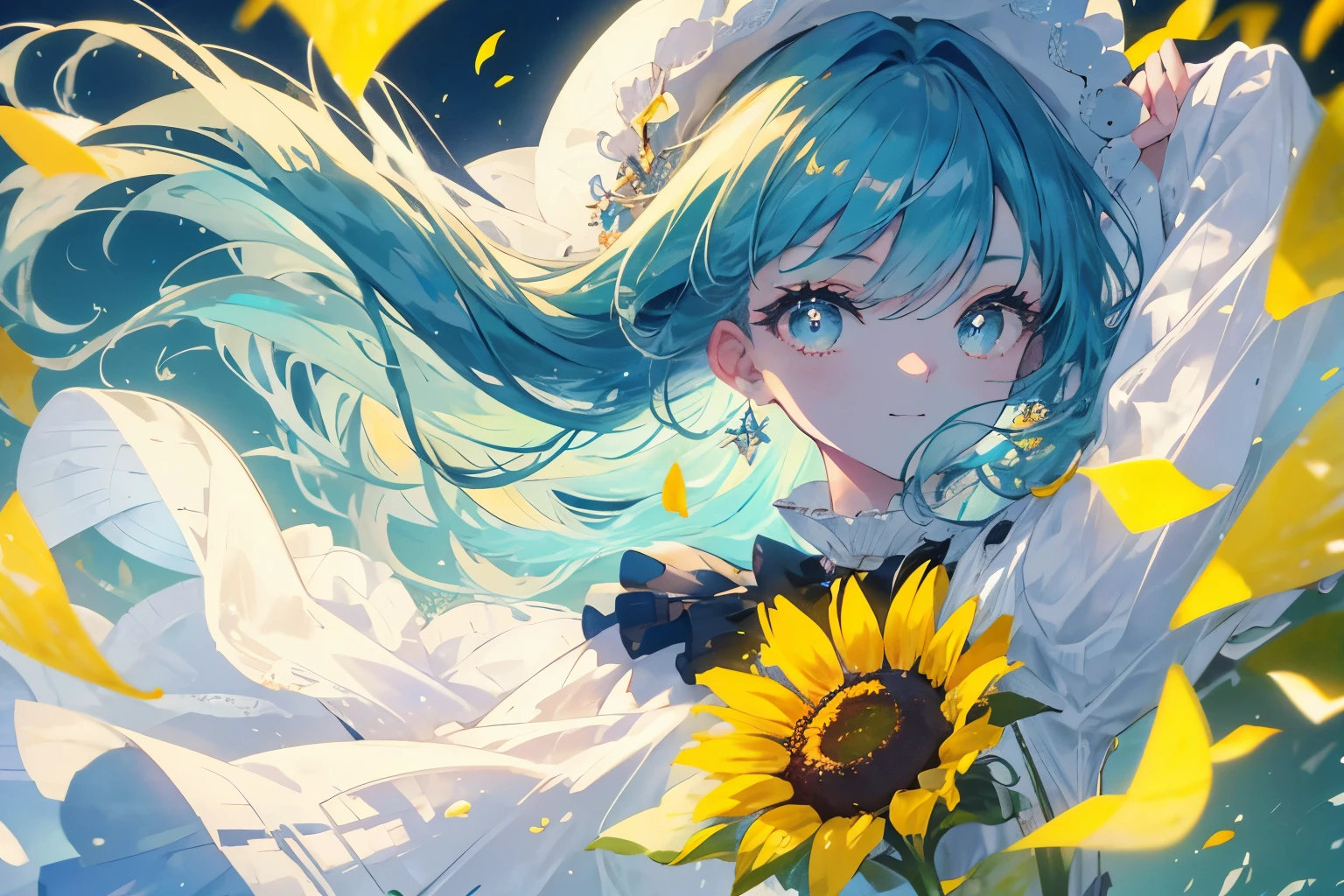Create a high-quality illustration featuring a fantastical scene of sunflower fields with petals dancing in the air, accompanied by a beautiful boy. The illustration should evoke a sense of nostalgia and enchantment, with intricate details and a dreamy atmosphere. From the vibrant sunflowers swaying in the breeze to the serene expression on the boy's face, every element should be meticulously crafted to immerse the viewer in a nostalgic and magical moment. best quality, masterpiece, expressive eyes, gorgeous, vivid, perfect face, smile, happyness, 2eyes, emotion, detailed pupils, vivid pupils,stunning, life, relfection, peace, warm, compsition, artistic, 4k, wallpaper, bonnet, wind, glowing eyes