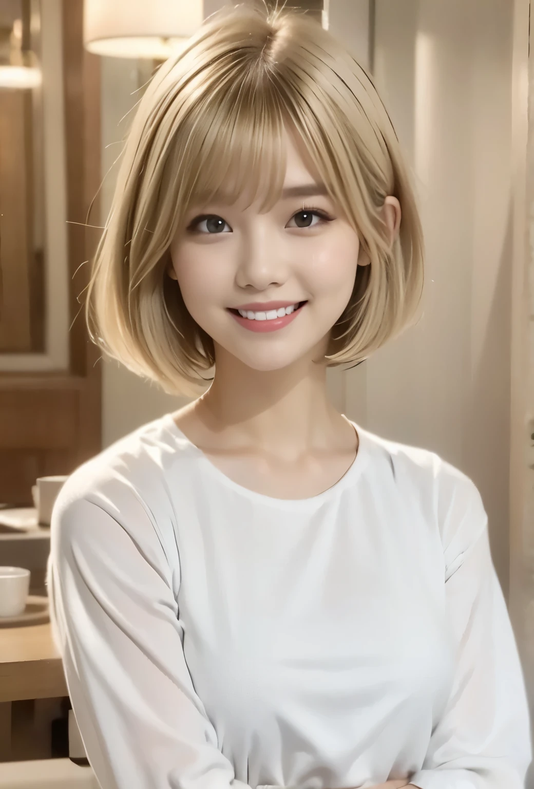 Blonde Hair:1.3, White shirt:1.2, Medium Bob, smile