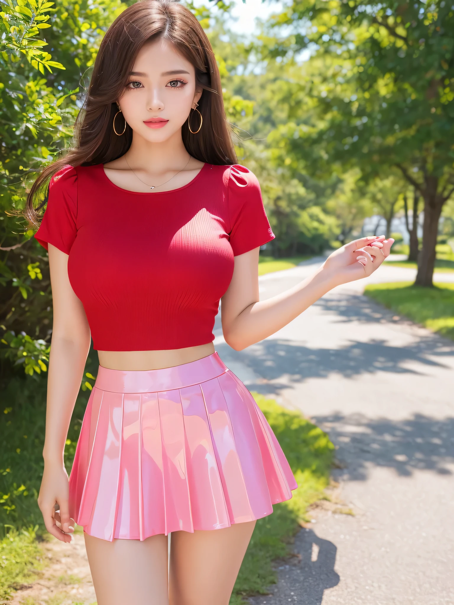 (highest quality、8k、Best image quality、Award-winning works)、One high school girl、、(Large Breasts:1.2)、The most natural and perfect beauty park、Standing Elegantly、(beautiful thick legs:1.1)、Beautiful legs、Ultra-high definition beauty face、Ultra HD Hair、Ultra-high definition sparkling eyes、(Ultra-high resolution glossy skin:1.1)、Ultra-high quality glossy lips、Accurate anatomy、(very bright and vivid:1.1)、Beautiful makeup and lip face 、countryside、Earrings、Flared shirt、Glossy tight mini skirt、Thigh to head