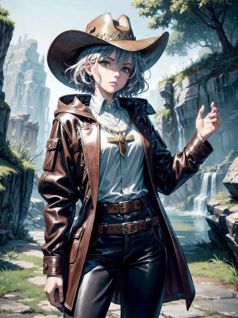 cool cowgirl, fantasy adventurer, cowboy hat, decorated hooded armor jacket, cross belt, Brown leather pants, Red leather long boots, absurdres, RAW photo, extremely delicate and beautiful, masterpiece, Best Quality, ultra high resolution, 32k, hyperrealistic, ultra-detailed, detailed description, pale skin, 20 years old, tearful mole, earring, short medium hair, wavy hair, whole body shot,
