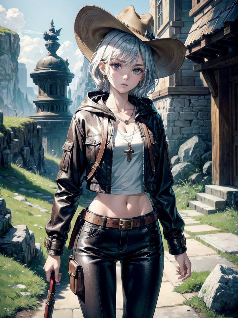 cool cowgirl, fantasy adventurer, cowboy hat, decorated hooded armor jacket, cross belt, Brown leather pants, Red leather long boots, absurdres, RAW photo, extremely delicate and beautiful, masterpiece, Best Quality, ultra high resolution, 32k, hyperrealistic, ultra-detailed, detailed description, pale skin, 20 years old, tearful mole, earring, short medium hair, wavy hair, whole body shot,