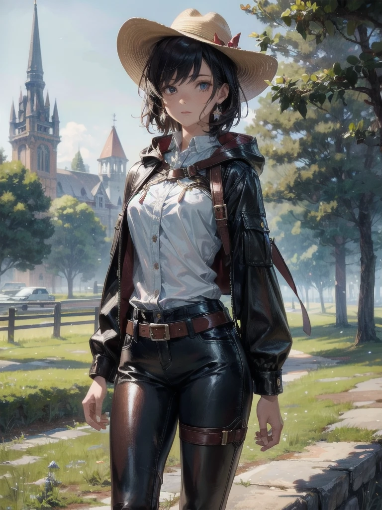cool cowgirl, fantasy adventurer, cowboy hat, decorated hooded armor jacket, cross belt, Brown leather pants, Red leather long boots, absurdres, RAW photo, extremely delicate and beautiful, masterpiece, Best Quality, ultra high resolution, 32k, hyperrealistic, ultra-detailed, detailed description, pale skin, 20 years old, tearful mole, earring, short medium hair, wavy hair, whole body shot,