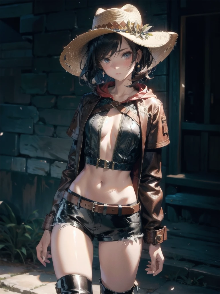 cool cowgirl, fantasy adventurer, cowboy hat, decorated hooded armor jacket, cross belt, Brown leather pants, Red leather long boots, absurdres, RAW photo, extremely delicate and beautiful, masterpiece, Best Quality, ultra high resolution, 32k, hyperrealistic, ultra-detailed, detailed description, pale skin, 20 years old, tearful mole, earring, short medium hair, wavy hair, whole body shot,