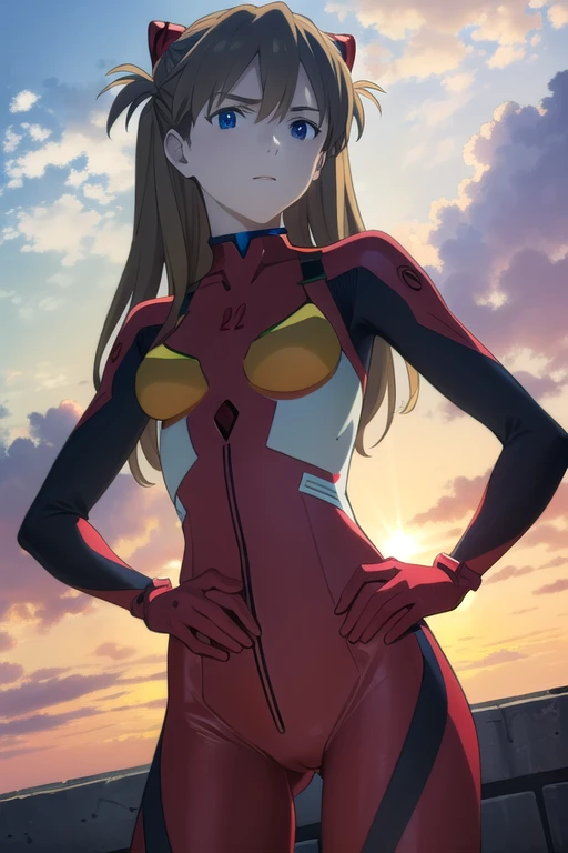 Sugar Angle, Asuka Langley Soryu, (Soryu Asuka Langley:1.2), Long Hair, bangs, blue eyes, Brown Hair, hair ornaments,
break bodysuit, Pilot Suit, Plug Suit, (Red bodysuit:1.5), Interface Headset,
break outdoors, city, null, cloud, sun,
break looking at viewer, (Cowboy Shot:1.5),
break (masterpiece:1.2), highest quality, High resolution, unity 8k wallpaper, (figure:0.8), (Beautiful fine details:1.6), Highly detailed face, Perfect lighting, Highly detailed CG, (Perfect hands, Perfect Anatomy),
