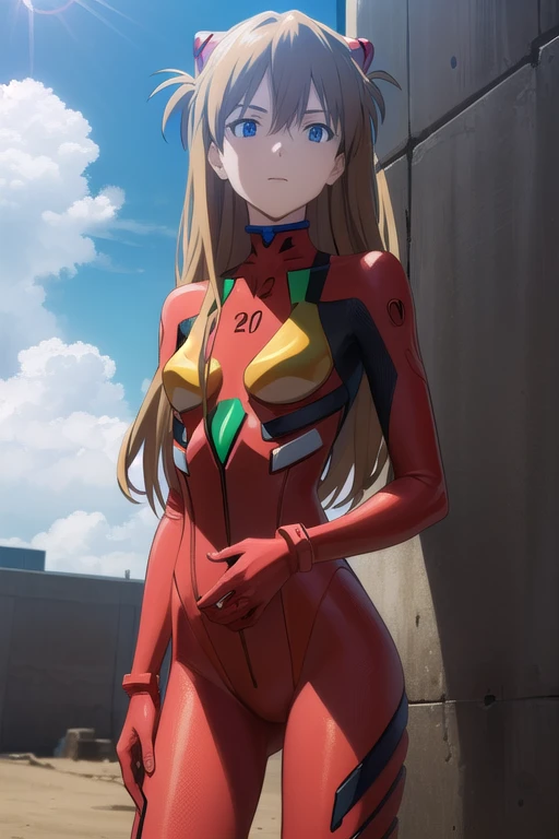 Sugar Angle, Asuka Langley Soryu, (Soryu Asuka Langley:1.2), Long Hair, bangs, blue eyes, Brown Hair, hair ornaments,
break bodysuit, Pilot Suit, Plug Suit, (Red bodysuit:1.5), Interface Headset,
break outdoors, city, null, cloud, sun,
break looking at viewer, (Cowboy Shot:1.5),
break (masterpiece:1.2), highest quality, High resolution, unity 8k wallpaper, (figure:0.8), (Beautiful fine details:1.6), Highly detailed face, Perfect lighting, Highly detailed CG, (Perfect hands, Perfect Anatomy),