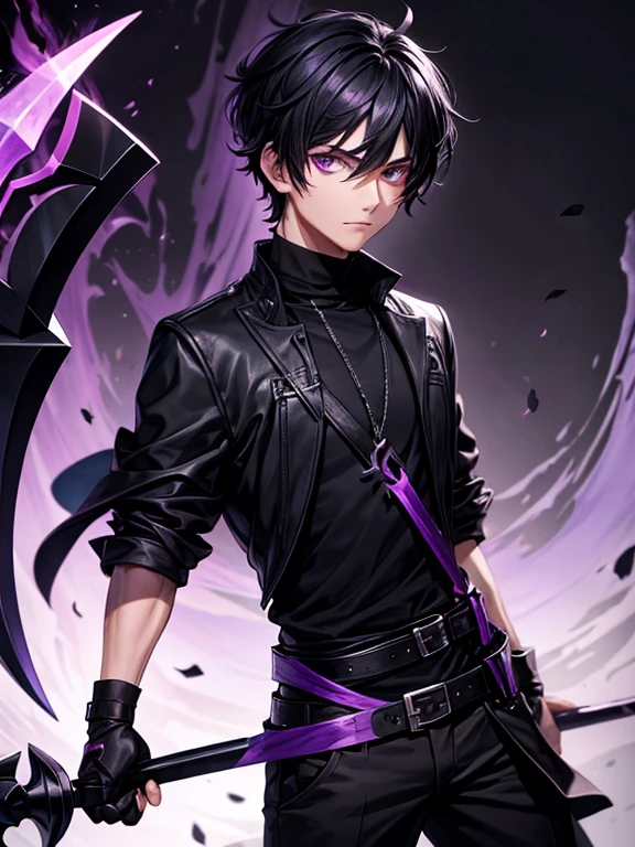 Black short hair boy with purple right eye and black scraff black cloack holding black scythe that the scythe blade light on black and purple flame