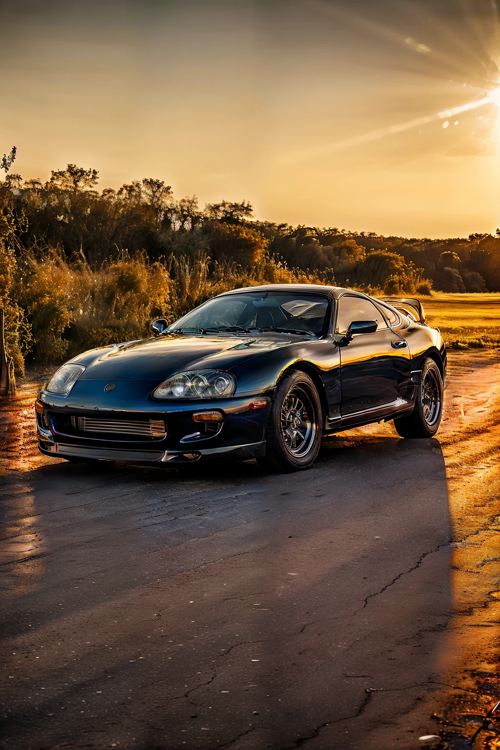 A majestic vintage car, bathed in the golden hues of an HDR-enhanced sunset, sits elegantly on a dusty, cobblestone street. The car's sleek and stylish design, reminiscent of a bygone era, gleams under the spotlight of the setting sun. Its chrome details sparkle, reflecting the dynamic play of light and shadows that envelops the scene. The car's old-world charm is further accentuated by the soft, warm glow of the street lamps, casting a romantic ambiance over the quiet, deserted street. Captured in HDR, every detail of the car, from its luxurious leather interior to the intricate