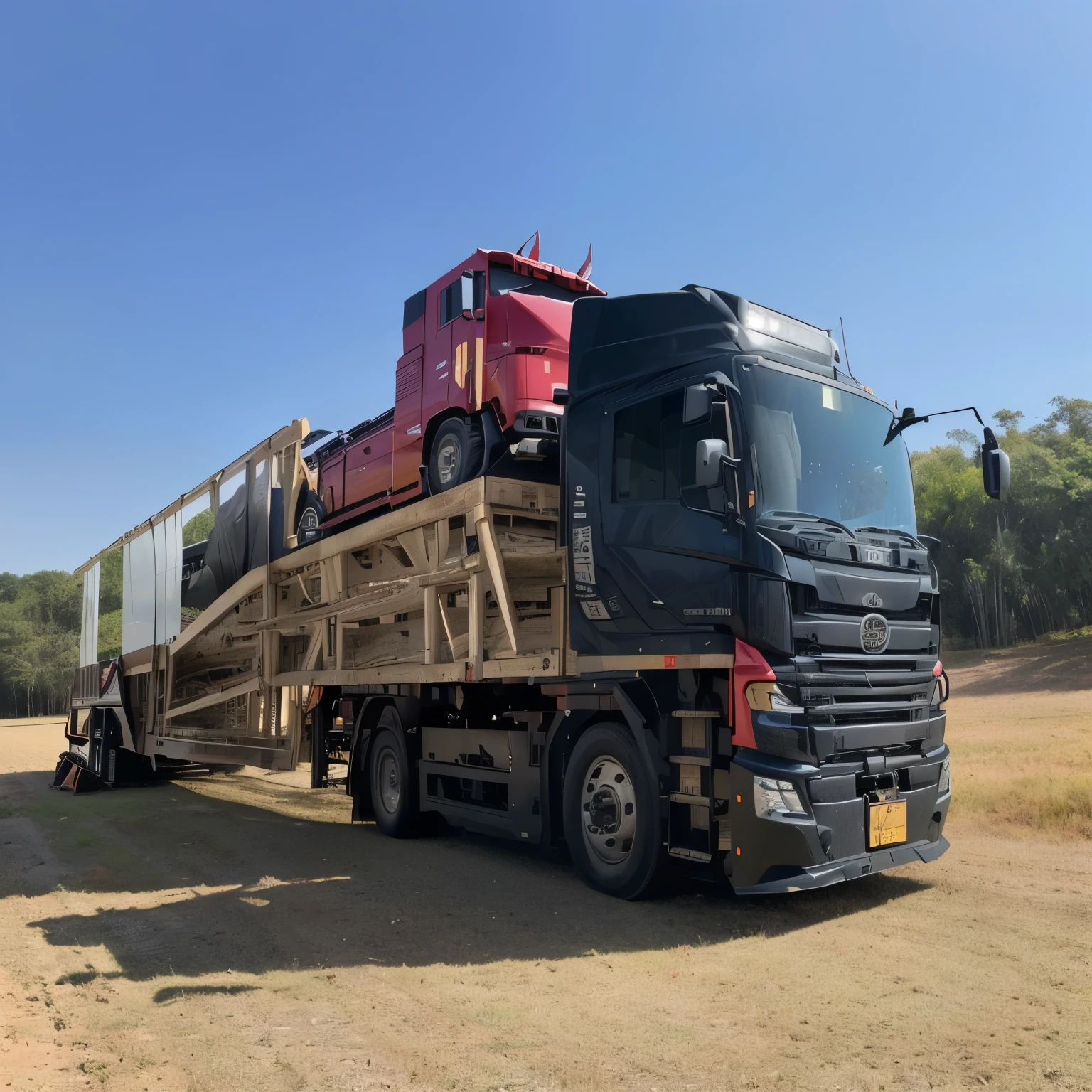 there is a large รถบรรทุก with a red รถบรรทุก on the back, trailer, slide car, Full equipment, full - see, Incredible depth, By Matthew Smith, hdt, By Evan Ranger, versatile, front full, front, 8 km'', 8k'', มุมมองfrontด้านข้าง, fully symmetrical, Jin Yiwei, Uploaded