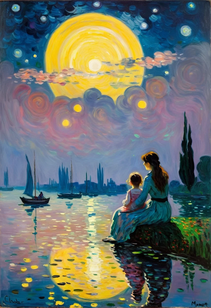painting by claude monet, Impressionist painting, a beautiful woman portrait sitting with her daughter, enjoying night, dark sky, cyberpunk
