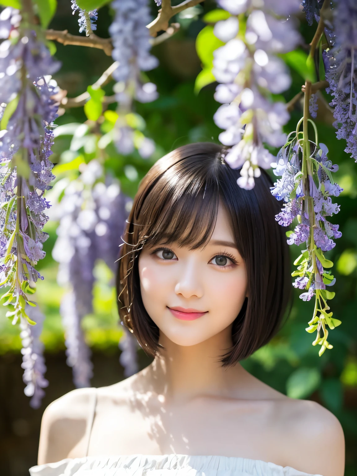((Shoot from below))、(Upper Body)、(highest quality:1.5)、(Realistic:1.5)、(1 person:1.5)、(Very detailed)、(High resolution)、8k、((Wear an off-the-shoulder dress))、Slightly small breasts、Natural color lips、Cute Smile、20-year-old girl、(Beautiful and elaborate face)、(Perfect and beautiful face)、(Big eyes)、(Beautiful and elaborate face)、(Beautiful, balanced eyes)、Perfect and beautiful double eyelids、Perfect and beautiful face、Arched eyebrows、 Thin eyebrows、Feminine poses、Slim face、Slim body型、Beautiful and thin nose、 Beautiful Skin、(Medium Bob Hair)、Natural Bangs、Fair skin、Front lighting、(Lighting the face)、Deep blue eyes、Slim waistline、(Wisteria flower tunnel)、Slim body、