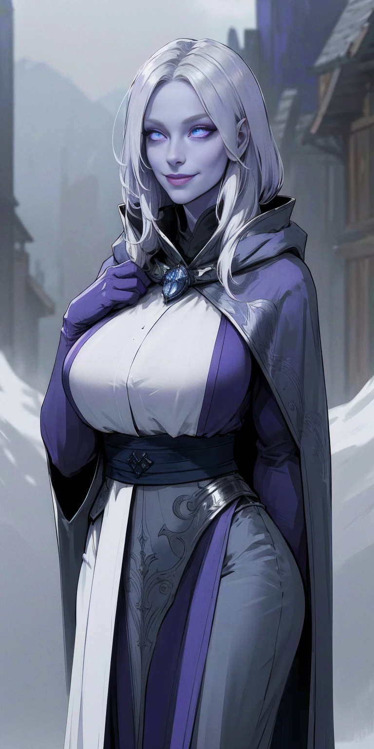 (smile) Gray skin, white silver hair and violet eyes. She prefers clothing of white and silver with cloaks of deep blue or purple, village background, huge knockers, ((very precise detailed)) ((high res)
