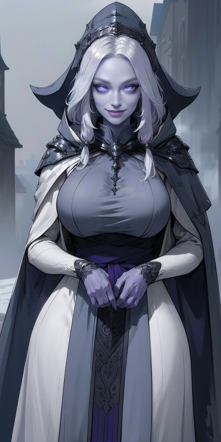 (smile) Gray skin, white silver hair and violet eyes. She prefers clothing of white and silver with cloaks of deep blue or purple, village background, huge knockers, ((very precise detailed)) ((high res)