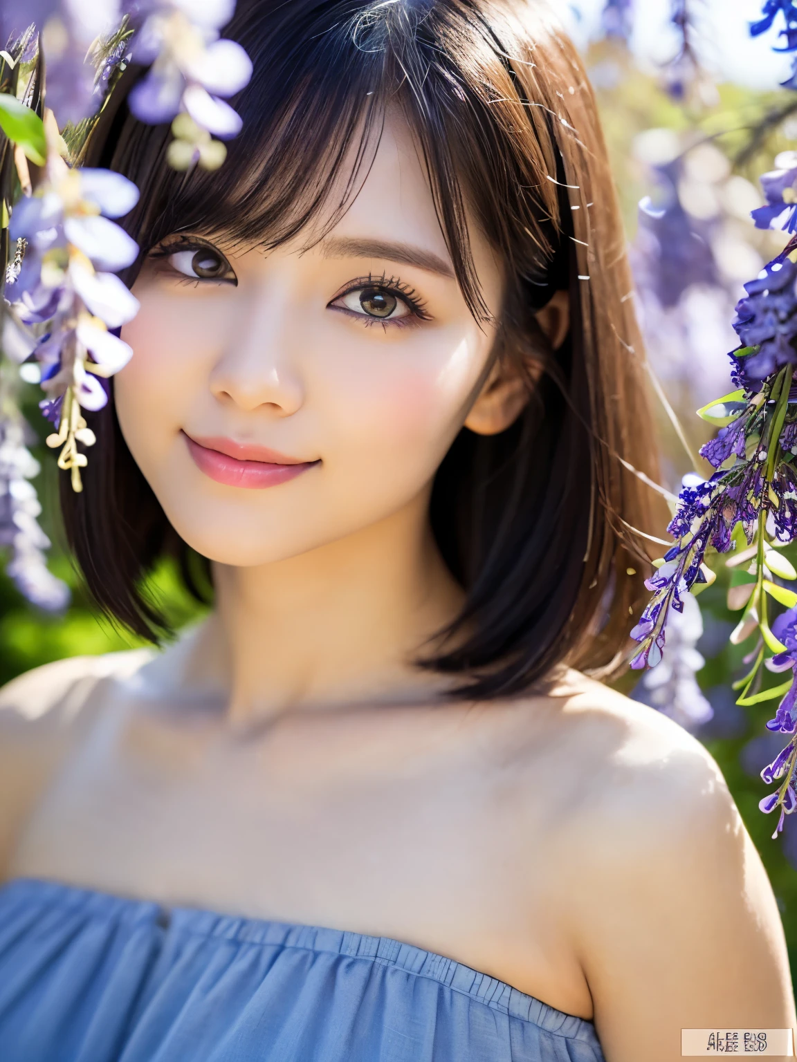 ((Shoot from below))、(Upper Body)、(highest quality:1.5)、(Realistic:1.5)、(1 person:1.5)、(Very detailed)、(High resolution)、8k、((Wear an off-the-shoulder dress))、Slightly small breasts、Natural color lips、Cute Smile、20-year-old girl、(Beautiful and elaborate face)、(Perfect and beautiful face)、(Big eyes)、(Beautiful and elaborate face)、(Beautiful, balanced eyes)、Perfect and beautiful double eyelids、Perfect and beautiful face、Arched eyebrows、 Thin eyebrows、Feminine poses、Slim face、Slim body型、Beautiful and thin nose、 Beautiful Skin、(Medium Bob Hair)、Natural Bangs、Fair skin、Front lighting、(Lighting the face)、Deep blue eyes、Slim waistline、(Wisteria flower tunnel)、Slim body、