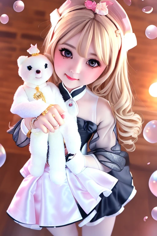 A photo of the little monster and its trainer(Smile:1.4),(Looking at the audience:1.4)、Red Gothic Lolita、cap、,(Face focus),rest,、Beautiful woman、Tragic、beautiful eyes、Black eyes、Industrial Landscape、Blonde、twin-tail hair、Dark black eyeshadow、Good skin luster、particle、Rose petal、(((fine))) Hollow tights, High quality details, flowing, Dynamic, (1 female), Bright Eyes, Flushed, Beautiful front and back, Silk texture, High quality textures, huge bubbles, Soft Light,Taiwanese girl 18 years old beautiful appearance,Cute little cloud monster