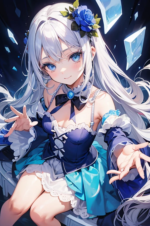 toddler girl,idol costume, in the Lounge ,reaching out hands ,Blue eyes, big eyes,droopy eyes, With blue flower corsage ,Slender body, face close-up, White long hair,smiling, {{{{{detailed face}}}}}, photorealistic, detailed body, ultra-detailed, best quality