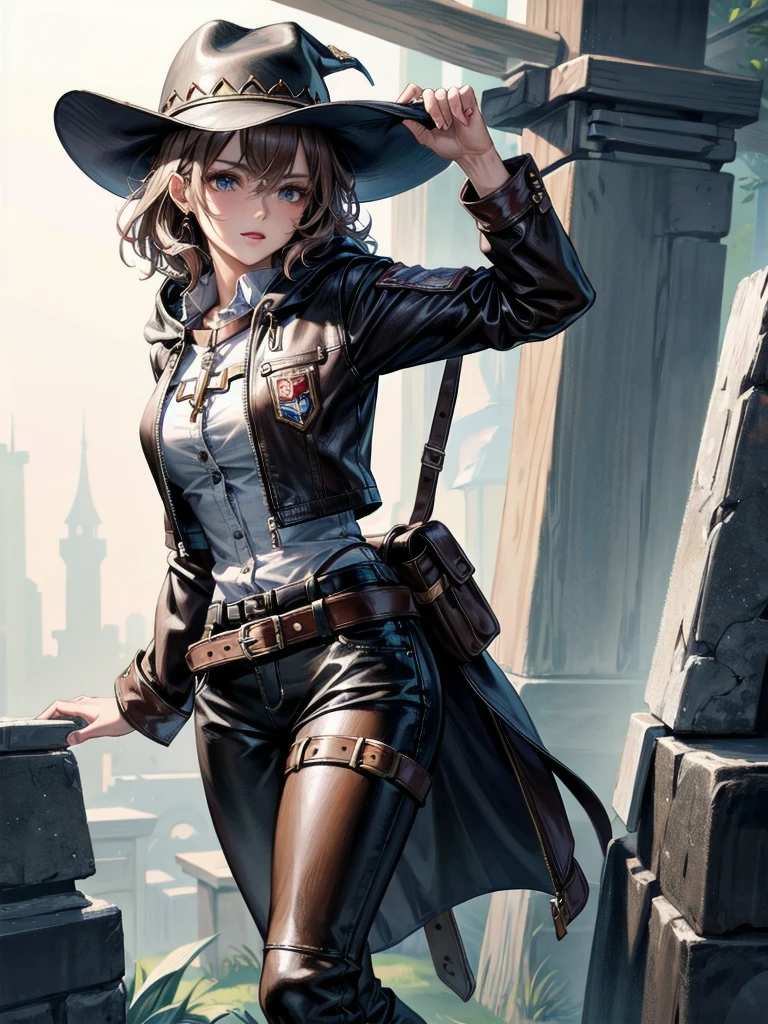 cool cowgirl, fantasy adventurer, cowboy hat, decorated hooded armor jacket, cross belt, Brown leather pants, Red leather long boots, absurdres, RAW photo, extremely delicate and beautiful, masterpiece, Best Quality, ultra high resolution, 32k, hyperrealistic, ultra-detailed, detailed description, pale skin, 20 years old, tearful mole, earring, short medium hair, wavy hair, whole body shot,