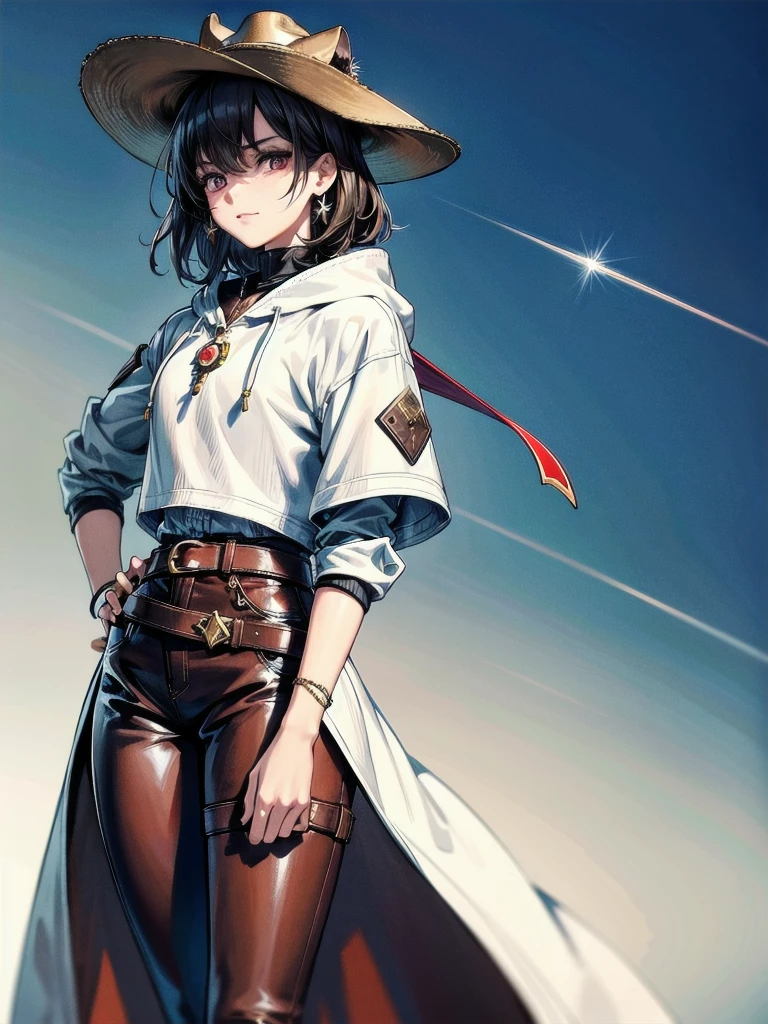 cool cowgirl, fantasy adventurer, cowboy hat, decorated hooded armor jacket, cross belt, Brown leather pants, Red leather long boots, absurdres, RAW photo, extremely delicate and beautiful, masterpiece, Best Quality, ultra high resolution, 32k, hyperrealistic, ultra-detailed, detailed description, pale skin, 20 years old, tearful mole, earring, short medium hair, wavy hair, whole body shot,