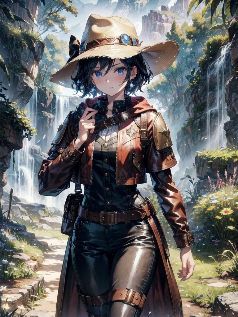 cool cowgirl, fantasy adventurer, cowboy hat, decorated hooded armor jacket, cross belt, Brown leather pants, Red leather long boots, absurdres, RAW photo, extremely delicate and beautiful, masterpiece, Best Quality, ultra high resolution, 32k, hyperrealistic, ultra-detailed, detailed description, pale skin, 20 years old, tearful mole, earring, short medium hair, wavy hair, whole body shot,