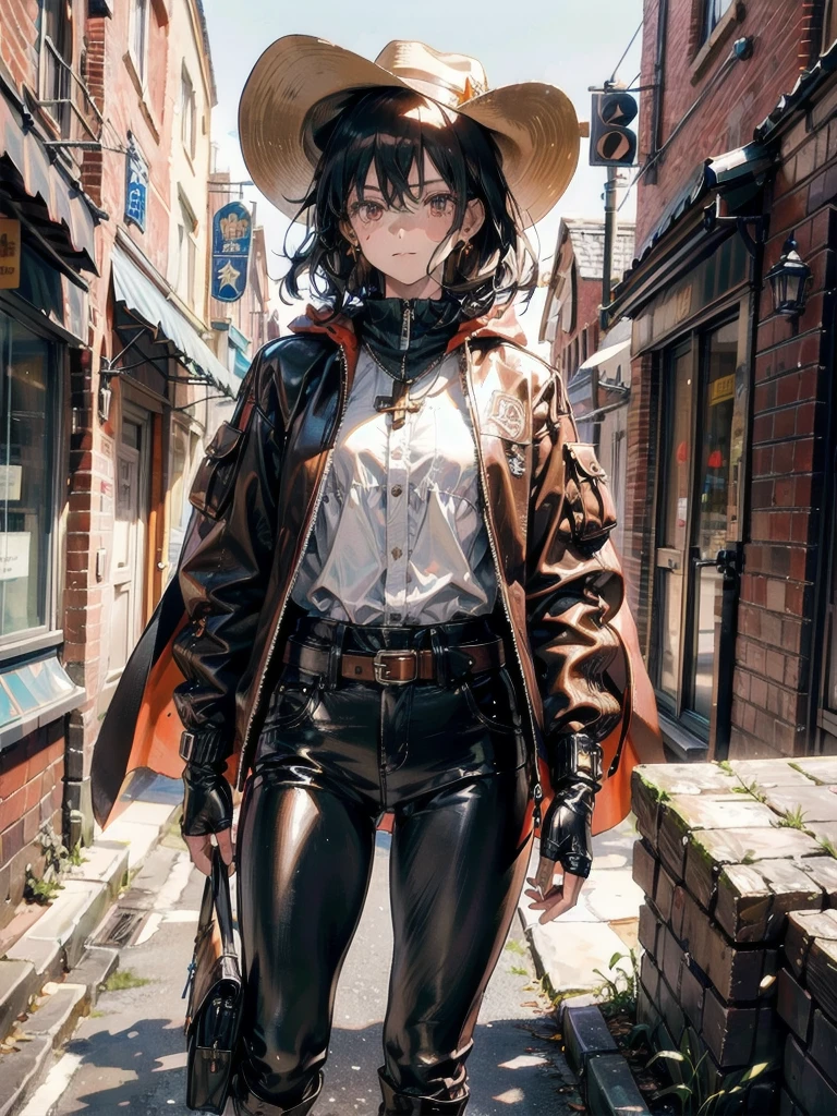 cool cowgirl, fantasy adventurer, cowboy hat, decorated hooded armor jacket, cross belt, Brown leather pants, Red leather long boots, absurdres, RAW photo, extremely delicate and beautiful, masterpiece, Best Quality, ultra high resolution, 32k, hyperrealistic, ultra-detailed, detailed description, pale skin, 20 years old, tearful mole, earring, short medium hair, wavy hair, whole body shot,
