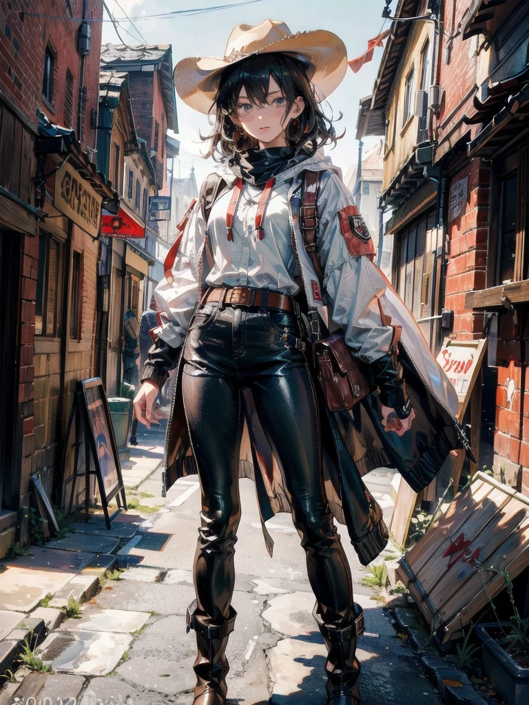 cool cowgirl, fantasy adventurer, cowboy hat, decorated hooded armor jacket, cross belt, Brown leather pants, Red leather long boots, absurdres, RAW photo, extremely delicate and beautiful, masterpiece, Best Quality, ultra high resolution, 32k, hyperrealistic, ultra-detailed, detailed description, pale skin, 20 years old, tearful mole, earring, short medium hair, wavy hair, whole body shot,