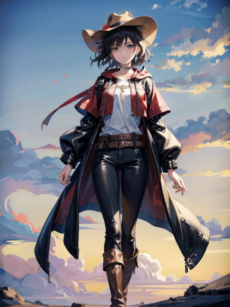 cool cowgirl, fantasy adventurer, cowboy hat, decorated hooded armor jacket, cross belt, Brown leather pants, Red leather long boots, absurdres, RAW photo, extremely delicate and beautiful, masterpiece, Best Quality, ultra high resolution, 32k, hyperrealistic, ultra-detailed, detailed description, pale skin, 20 years old, tearful mole, earring, short medium hair, wavy hair, whole body shot,