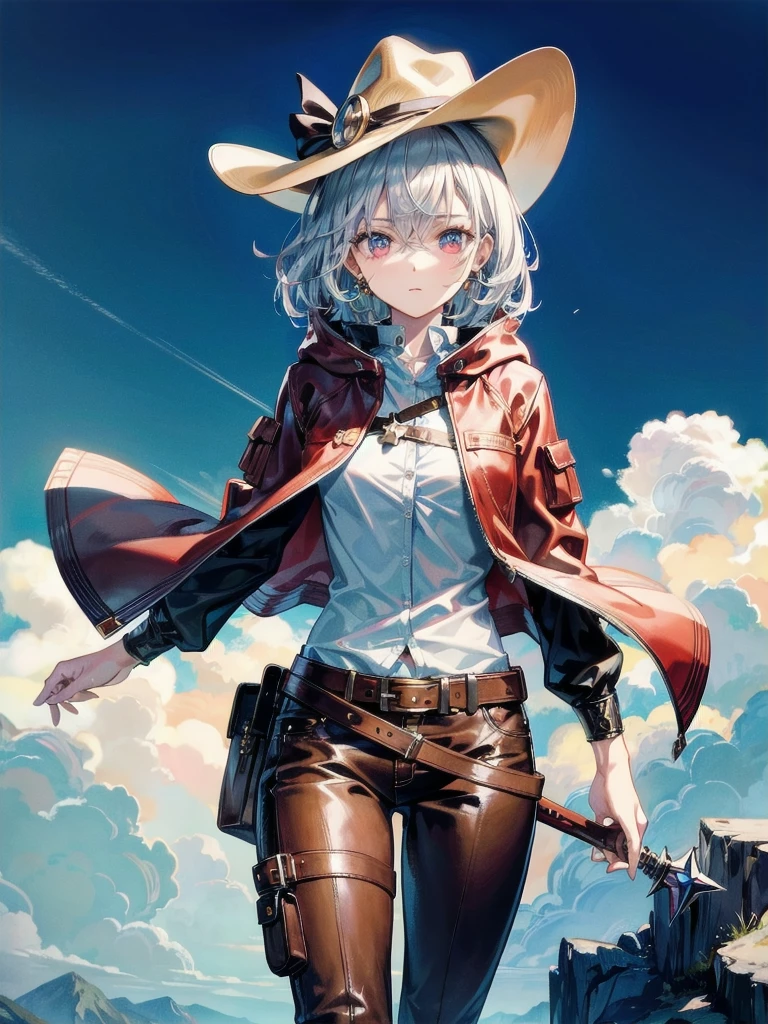 cool cowgirl, fantasy adventurer, cowboy hat, decorated hooded armor jacket, cross belt, Brown leather pants, Red leather long boots, absurdres, RAW photo, extremely delicate and beautiful, masterpiece, Best Quality, ultra high resolution, 32k, hyperrealistic, ultra-detailed, detailed description, pale skin, 20 years old, tearful mole, earring, short medium hair, wavy hair, whole body shot,