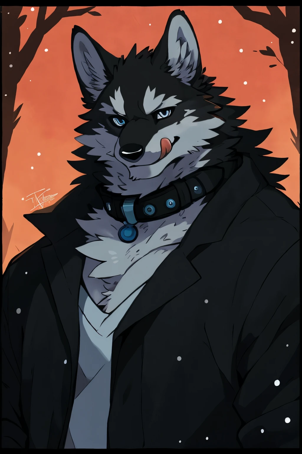 (snow wolf), Anthropomorphic white wolf, solo, (Pure white face), (all white fur:1.5), (Collar), (Perfect blue eyes:1.4), （artist:Takemoto Arashi）, twitchemote, Mature face, elder, Clear facial details, glint, Side of the character, Look at the camera, longeyelashes, licking lips, fang, seductive smile, White shirt, Exposing the chest, longeyelashes, licking lips, fang, smile, seductive smile, Show upper body, bust, Tonalism, head out of frame, border, high details
