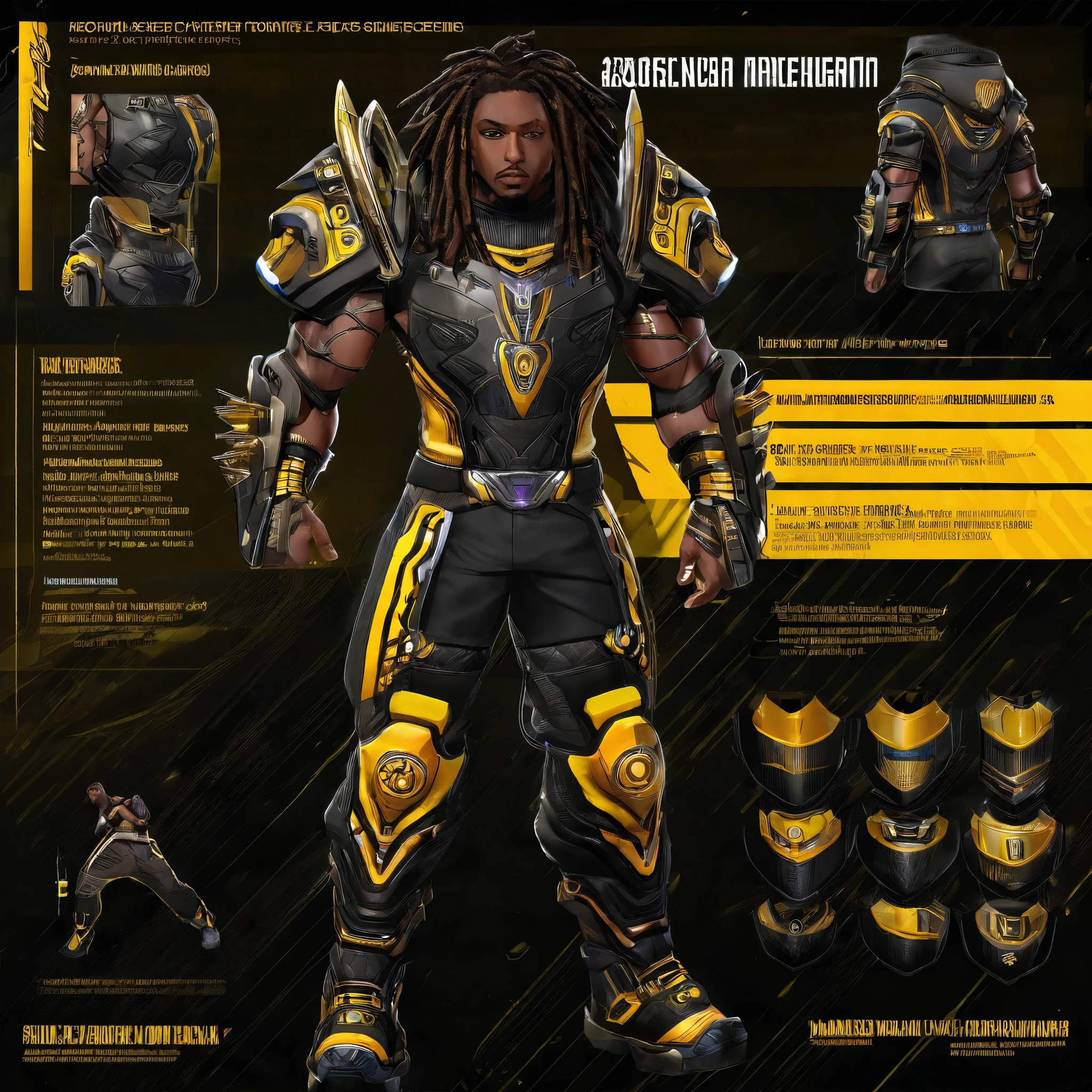 A Brazilian and Nigerian descendant boy with brown skin, dreads, yellow eyes, tribal tattoos, a toned and muscular body with various scars,

The boy uses a hero suit that had a sleek and tactical look that perfectly fitted your tribal aesthetic, it had a more streamlined and lightweight design, making it easier for me to move quickly and efficiently

Using iron sole black boots, iron shin guards, and iron arm guards with reinforcement and shock-absorbing technology to provide better protection from impact and blunt force trauma

A tribal style baggy pants with additional pockets and compartments for storing various gadgets and equipment

And a carbon fiber yellow hooded vest that reveals my arms and body with huge durability and flexibility, and a reduced weight while still maintaining its tribal aesthetic. 

It has iron claw-like gauntlets that feature energy channels that allow me to channel and discharge different types of energy more efficiently and accurately that I use as weapons 

And a half face black prajna mask with golden details and teeth with a sleek design that improved its functionality and comfort that had a more advanced built-in comms system and filters, allowing you to communicate with your teammates and have a filtration for hazardous environments.

Also the suit had additional built-in weapons and gadgets that are connected to your quirk and ability to manipulate different types of energies.  The suit now had advanced sensors and control systems that allow you to monitor and manage your energy levels and output with ease.