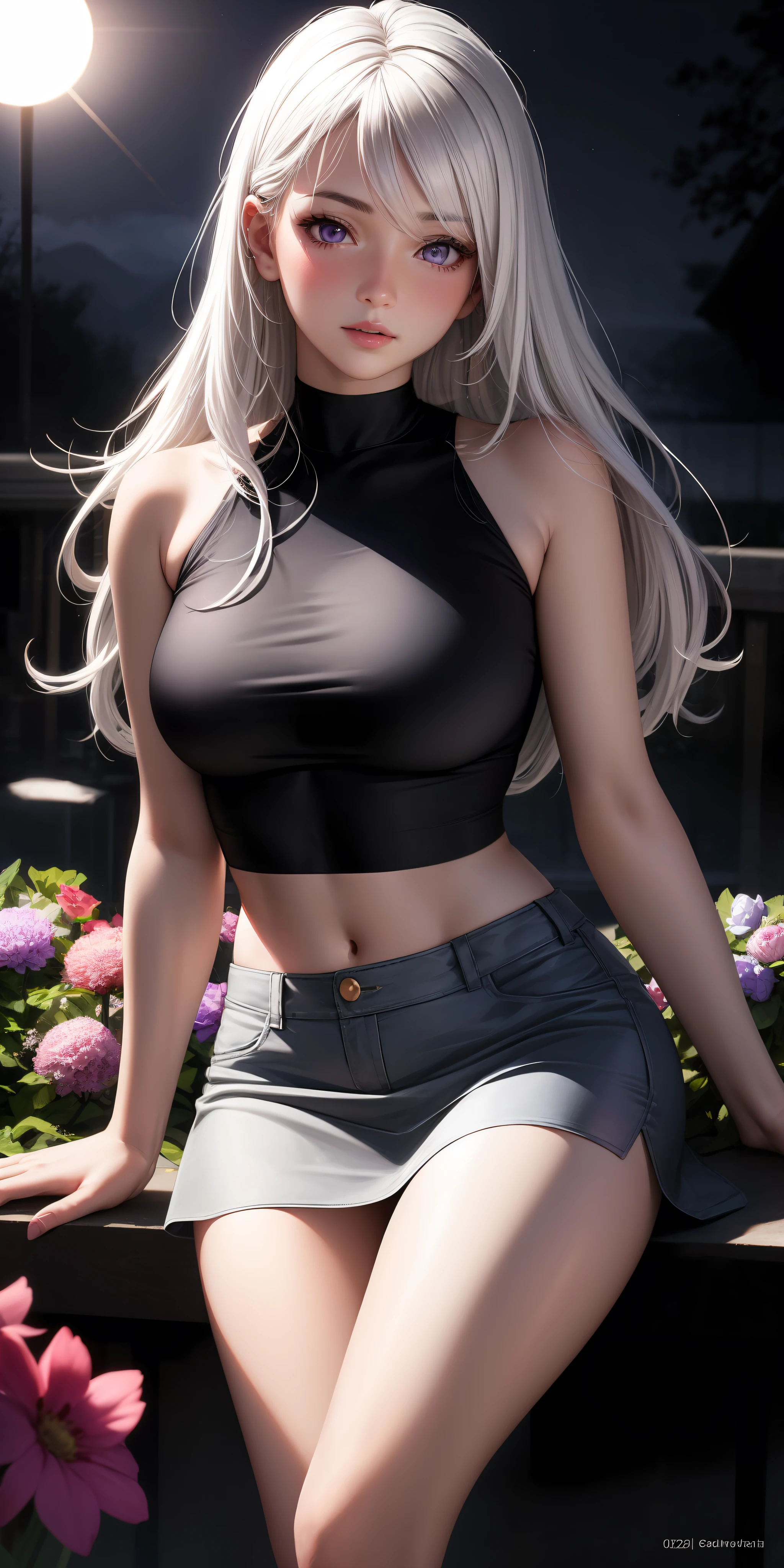 Practical, 1 Girl, white hair, Purple Eyes, Glowing eyes, Crop Top, skirt, Open your mouth, blush, night, Flowers, sun, sunlight,