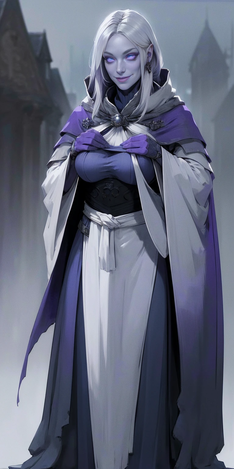 (smile) Gray skin, white silver hair and violet eyes. She prefers clothing of white and silver with cloaks of deep blue or purple, village background, huge knockers, ((very precise detailed)) ((high res) hide hands behind body