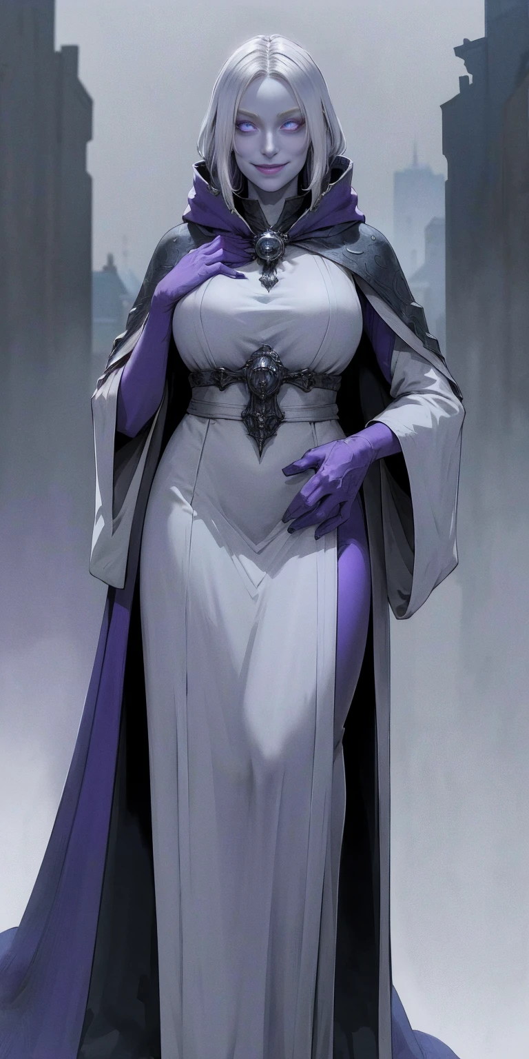 (smile) Gray skin, white silver hair and violet eyes. She prefers clothing of white and silver with cloaks of deep blue or purple, village background, huge knockers, ((very precise detailed)) ((high res) hide hands behind body