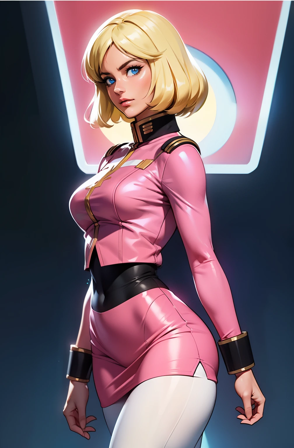 ((masterpiece)), ((cinematic lighting)), realistic photo、Real Images、Top image quality、1girl in, sayla mass, Elegant, masterpiece, Convoluted, slim arms, wide hips, thick thighs, thigh gaps, Best Quality, absurderes, high face detail, Perfect eyes, mature, Cowboy Shot, , Vibrant colors, soft pink uniform, soft pink Skirt, white tights, side view, looking at viewer