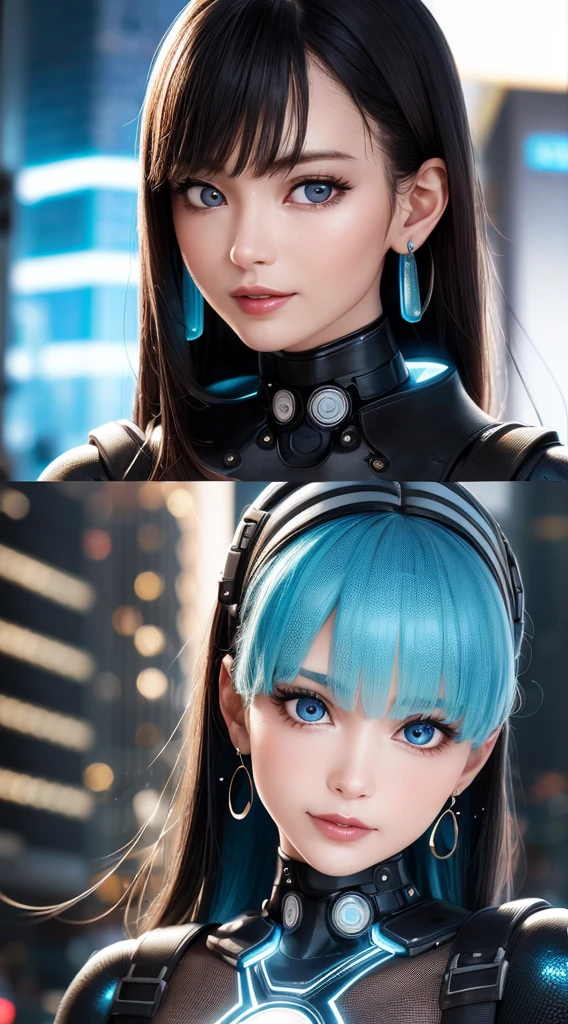 (best quality:1.0), (Ultra-high resolution:1.0), 1 girl, Delicate and beautiful skin, (Friendly smile:1.0), Solitary, (masterpiece:1.0), (best quality:1.4), (Ultra-high resolution:1.2), (Reality:1.4), 8k resolution, Canon EOS R5, 50 mm, absurd, Super detailed, Clear focus, movie lighting, Detailed beautiful face, number, Delicate skin texture, Pale skin, Thigh gap, Detailed hair, Feel free to hairstyle, Perfect eyes, delicate eyes, (Shiny skin1.15), ((Portrait Photos)), Hair accessories, earrings, Futuristic, Complex background, Cyberpunk city streets, night, robot, parts and components, Futuristic weapons and accessories, Ray lighting, Backlight, Close-up photos, Blue-toned background