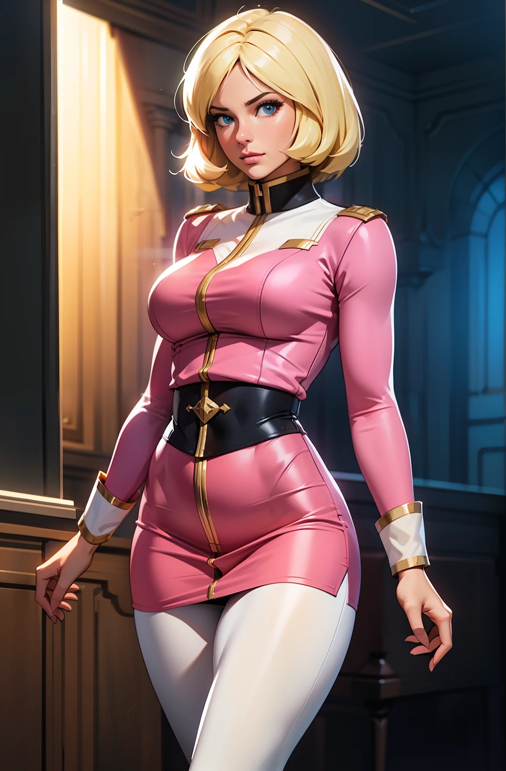 ((masterpiece)), ((cinematic lighting)), realistic photo、Real Images、Top image quality、1girl in, sayla mass, Elegant, masterpiece, Convoluted, slim arms, wide hips, thick thighs, thigh gaps, Best Quality, absurderes, high face detail, Perfect eyes, mature, Cowboy Shot, , Vibrant colors, soft pink uniform, soft pink Skirt, white tights, side view, looking at viewer
