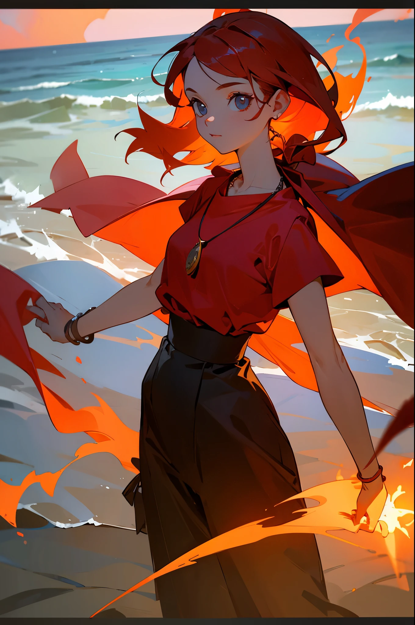 girl with red necklace on a beach with fire aura
